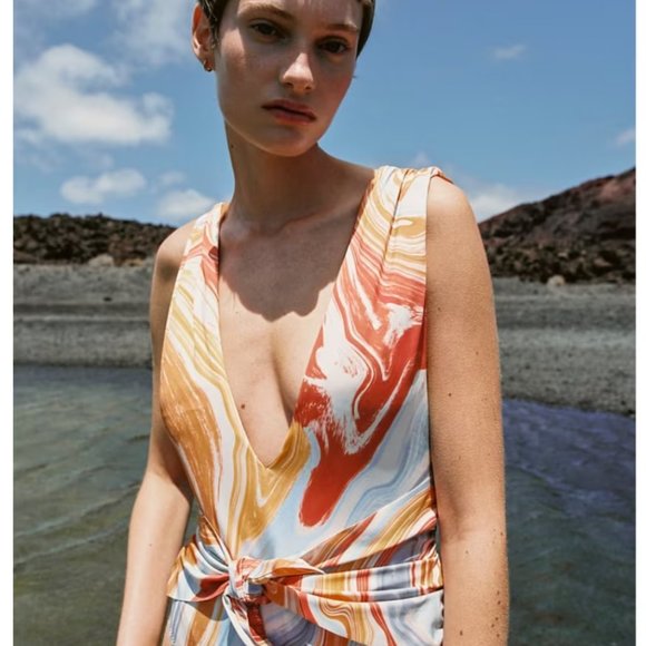 ZARA Women's SWIMSUIT One-Piece Marble V-Neck SMALL Tie Swimwear Summer Beachwea - Picture 4 of 5